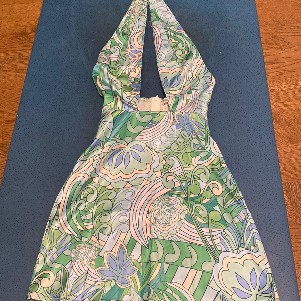 Morning Mist - blue & green pattern mini dress